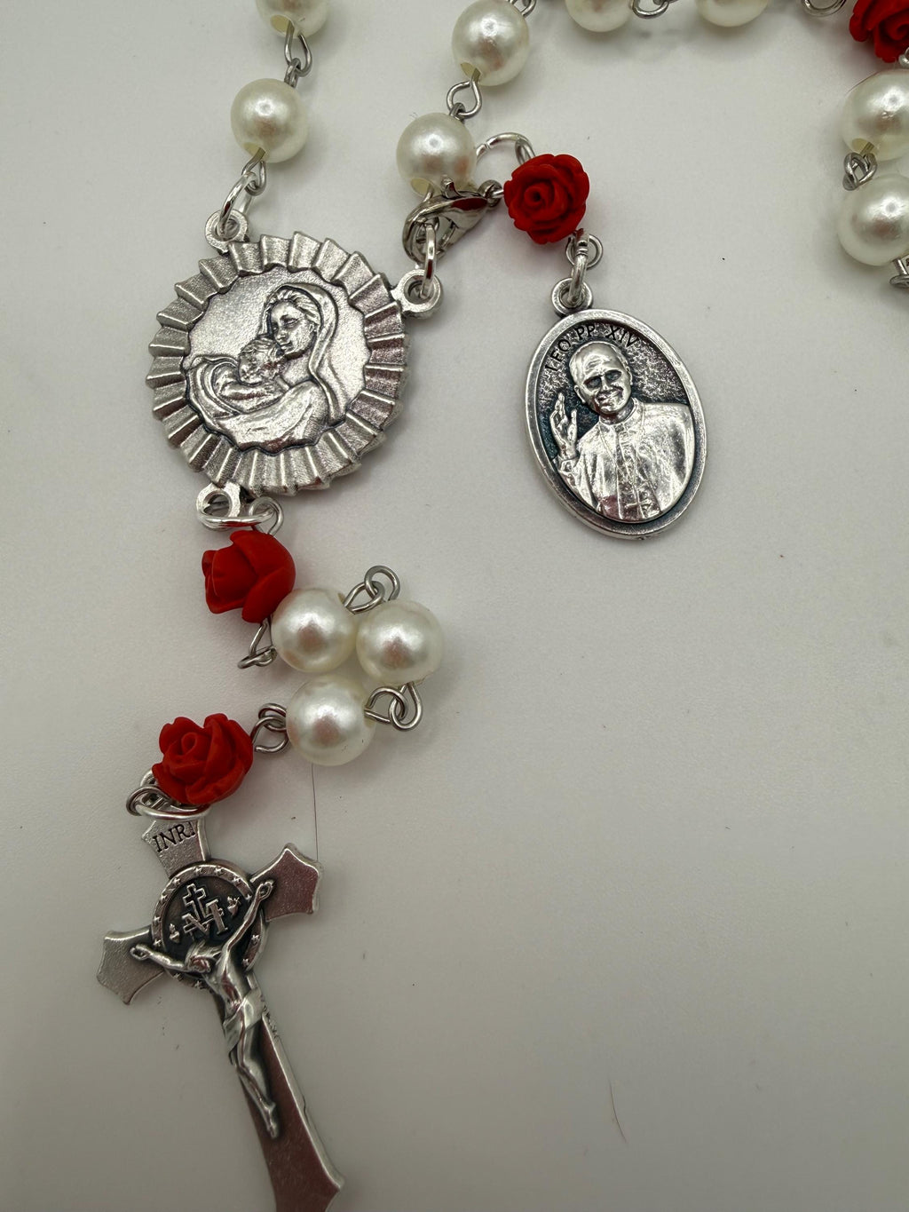 Pearl Like and Red Rose Handmade Rosary Catholic with Madonna Center & Crucifix Gift