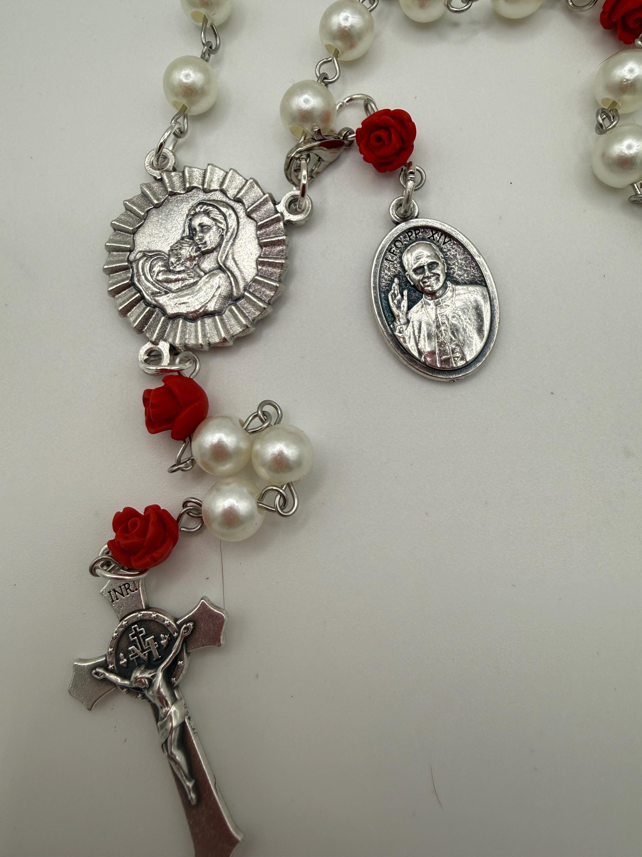 Pearl Like and Red Rose Handmade Rosary Catholic with Madonna Center & Crucifix Gift