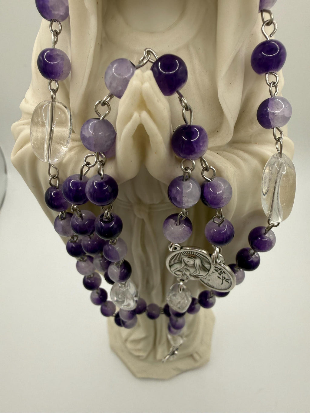 Purple Cracked Glass Rosary with Clear Quartz, Blessed Mother & St. Pope Leo Medal