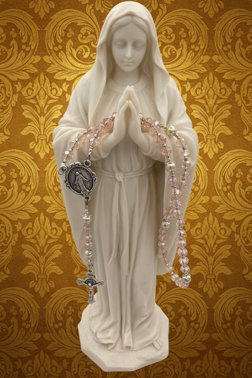 Child's First Rosary - Blush Pink Crystal Beads, Silver Crucifix