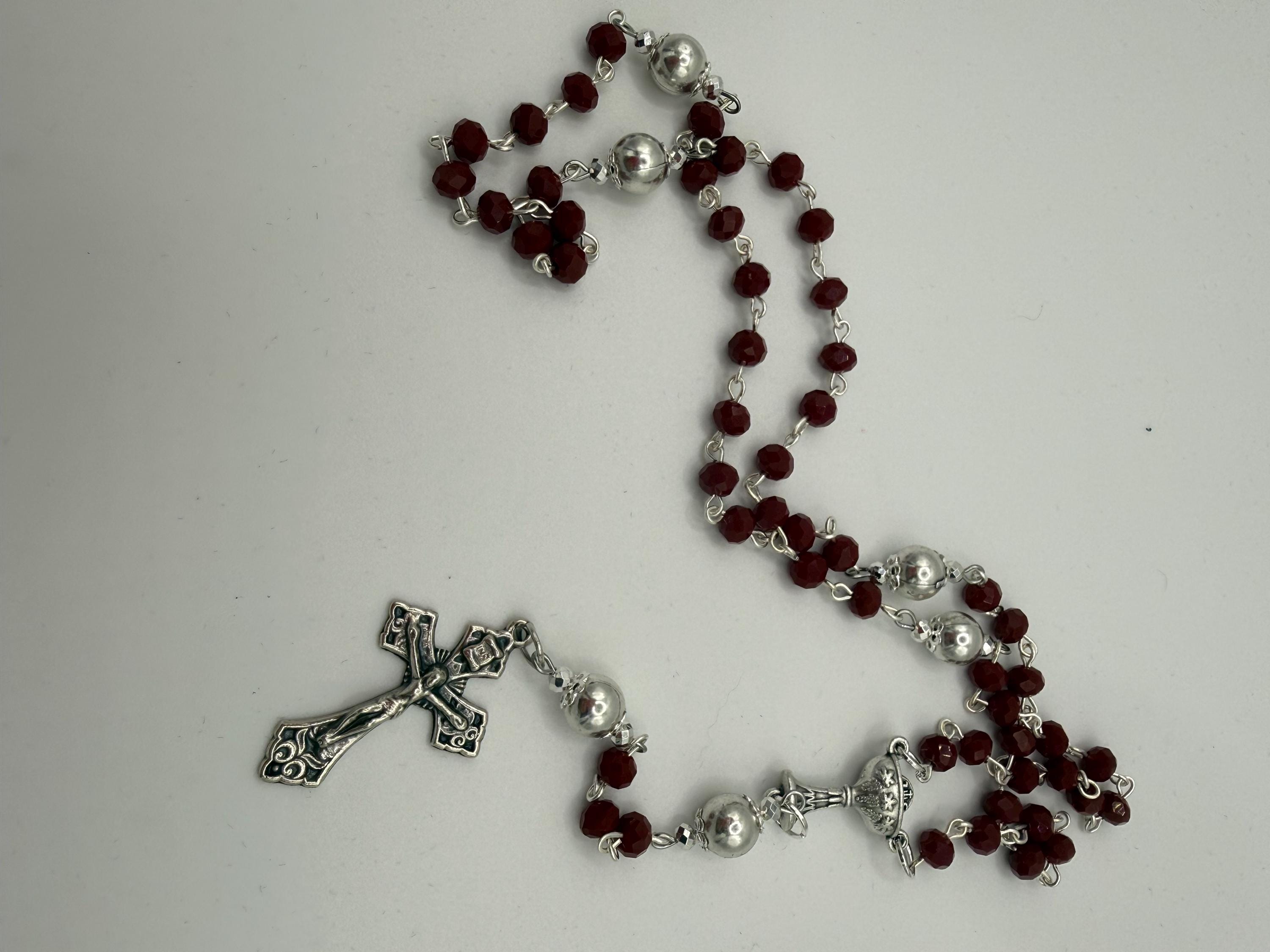 Title: First Communion Red Crystal Rosary - Chalice Centerpiece and Pardon Crucifix