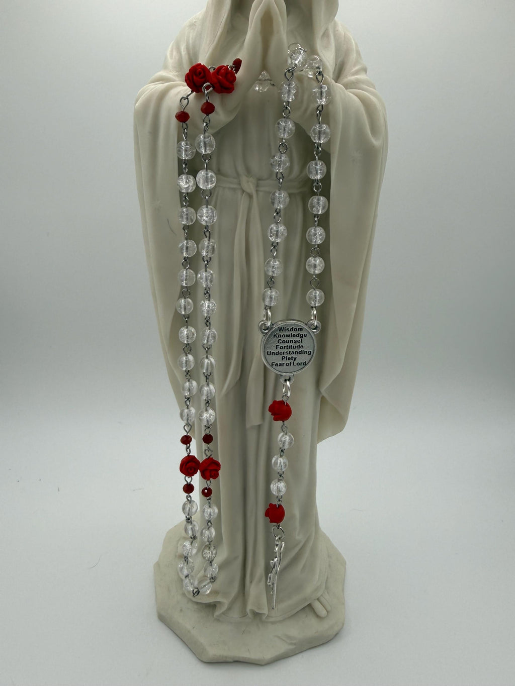 Clear Crackle Glass Rosary, Red Rose Beads, Holy Spirit Center, St. Benedict Crucifix