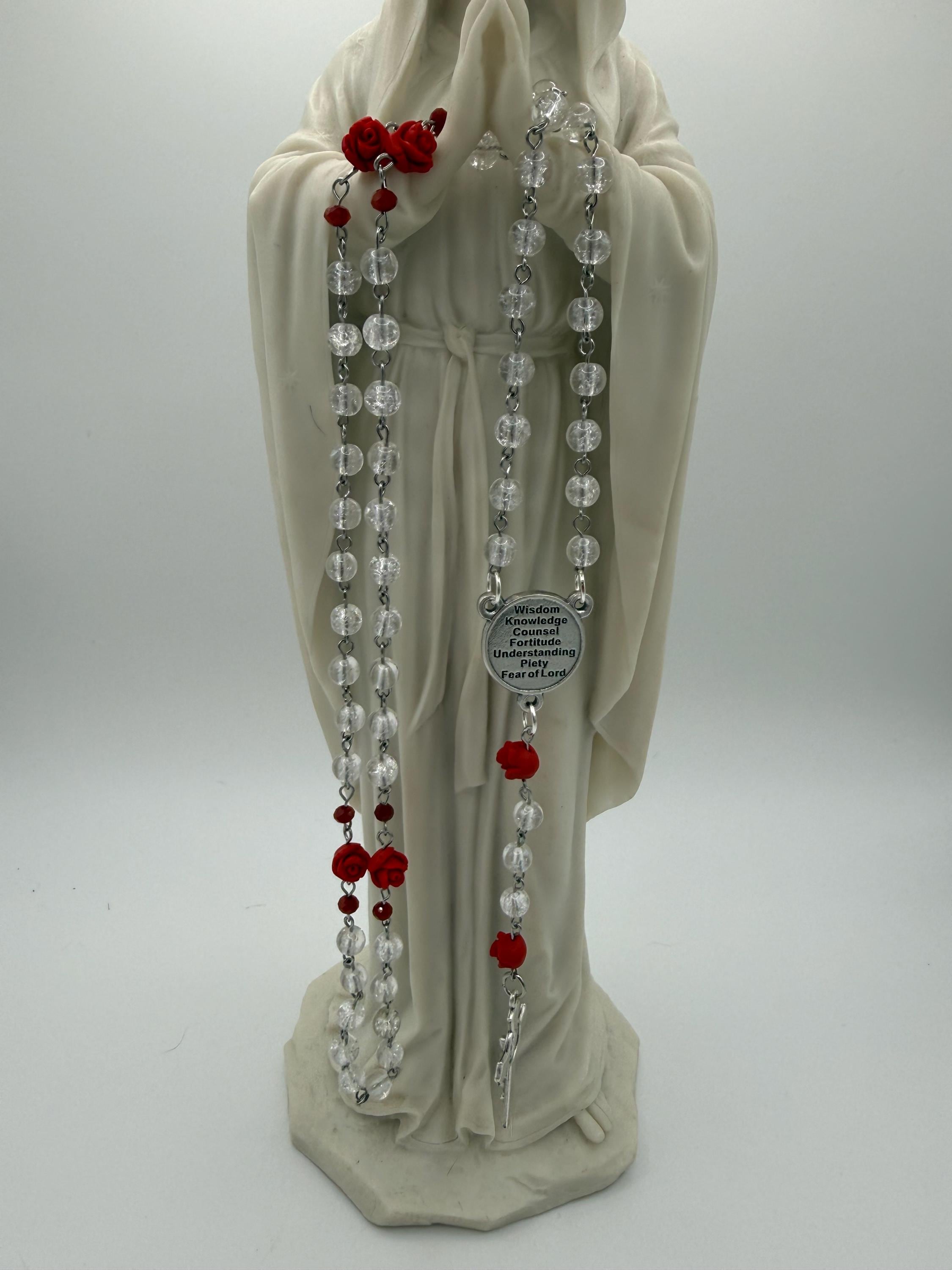Clear Crackle Glass Rosary, Red Rose Beads, Holy Spirit Center, St. Benedict Crucifix