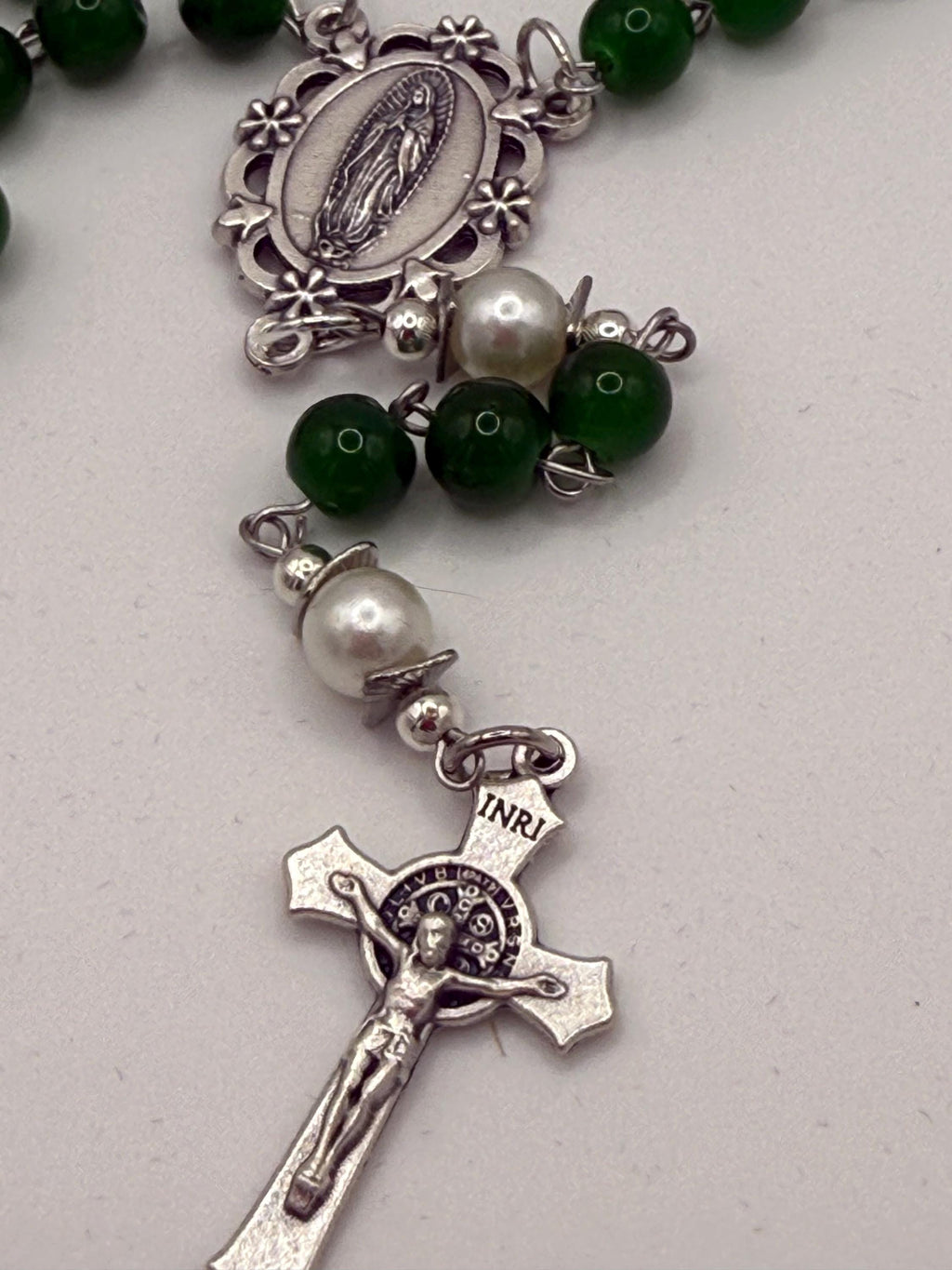 Handmade Green Rosary - Catholic Prayer Beads with Silver Madonna Centerpiece