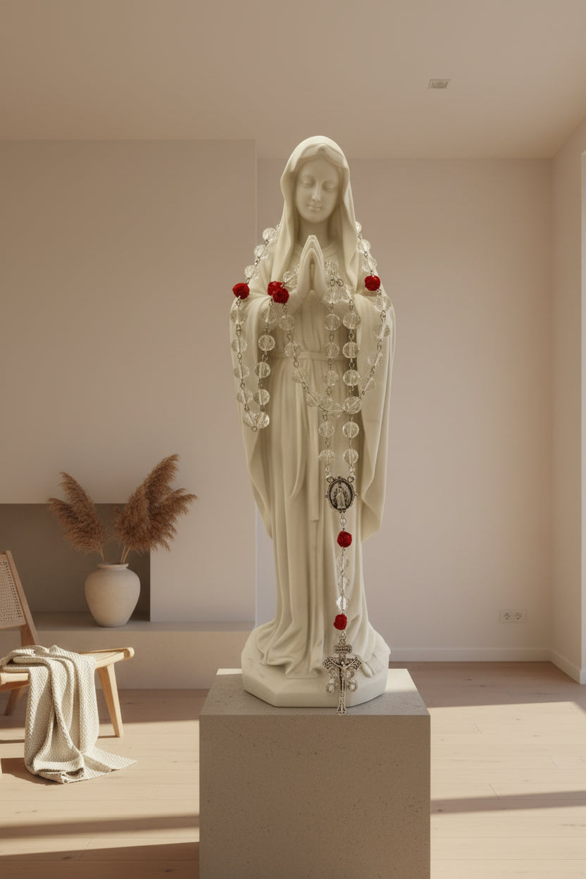 Clear Glass Rosary, Red Rose Beads, Miraculous Medal