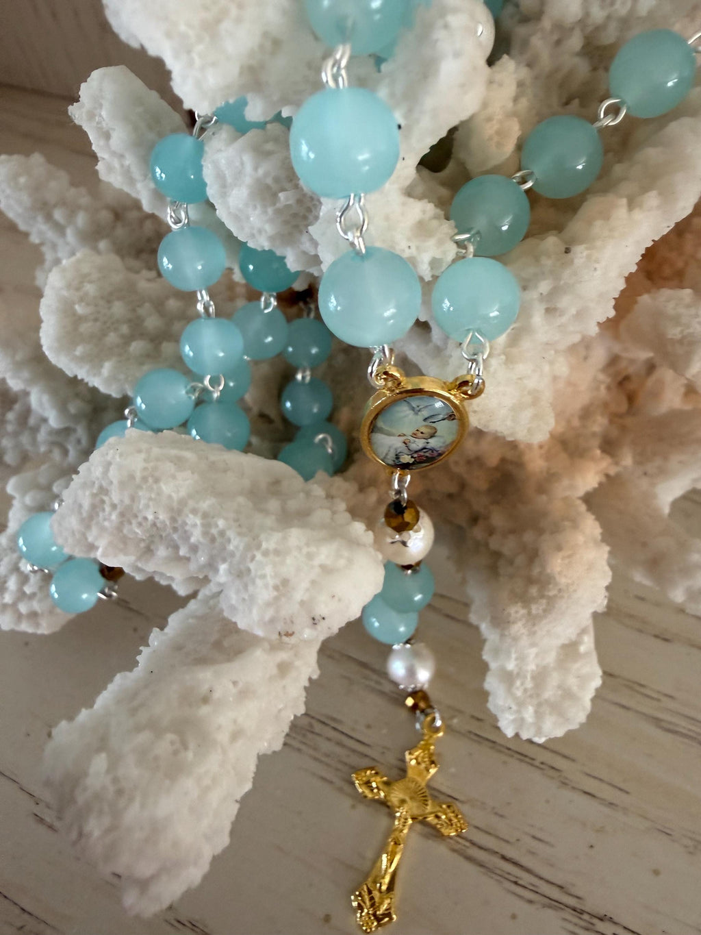 Child Baptism Rosary – Soft Blue Glass Beads, Gold Accents, Marian Centerpiece, Keepsake Christening Rosary