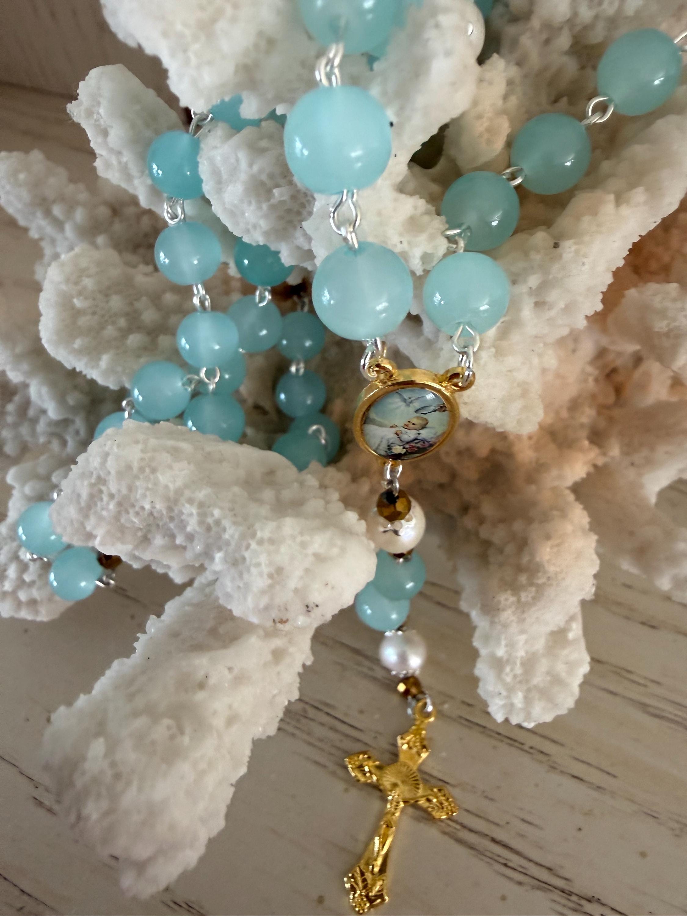 Child Baptism Rosary – Soft Blue Glass Beads, Gold Accents, Marian Centerpiece, Keepsake Christening Rosary