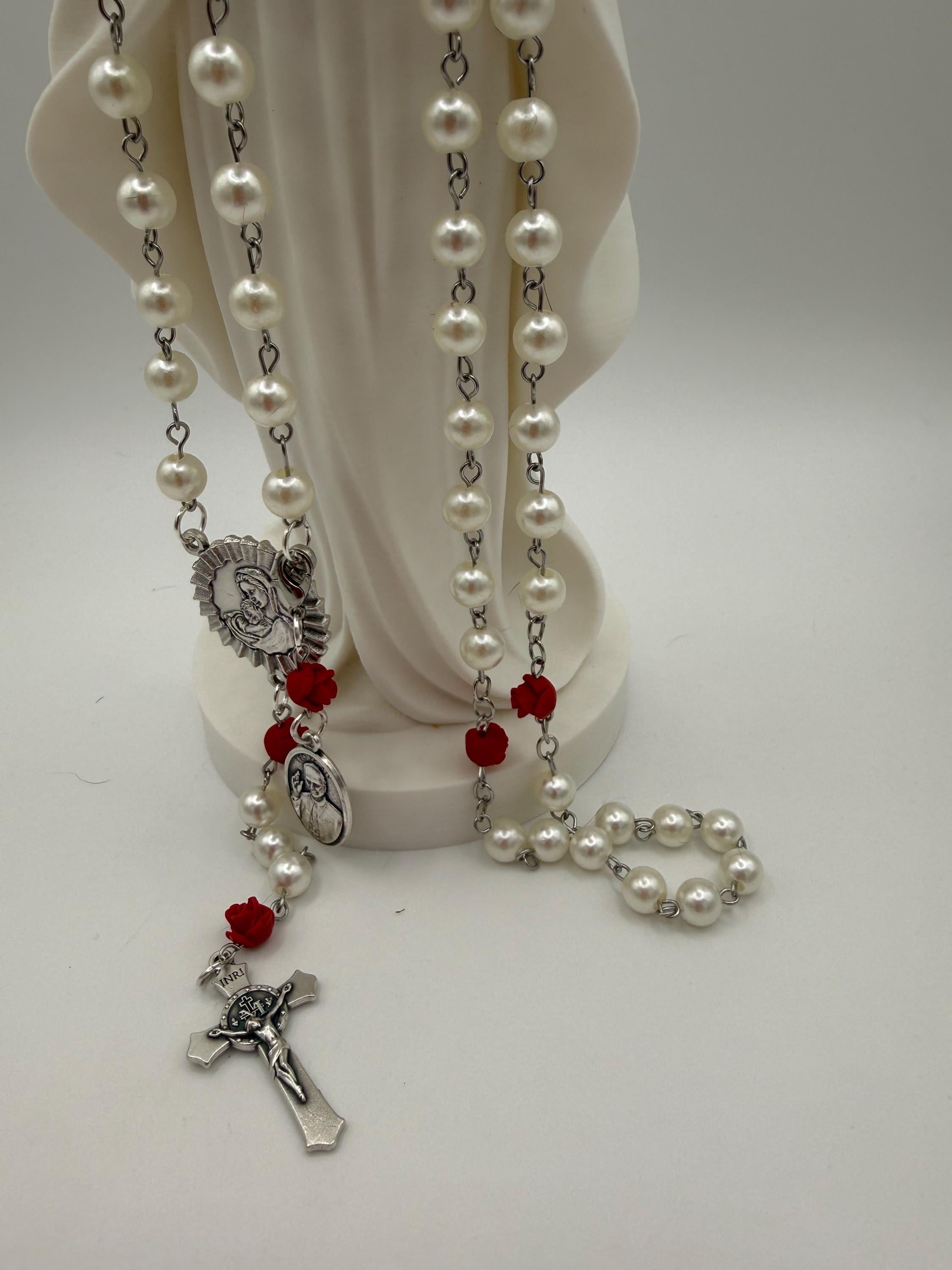 Pearl Like and Red Rose Handmade Rosary Catholic with Madonna Center & Crucifix Gift
