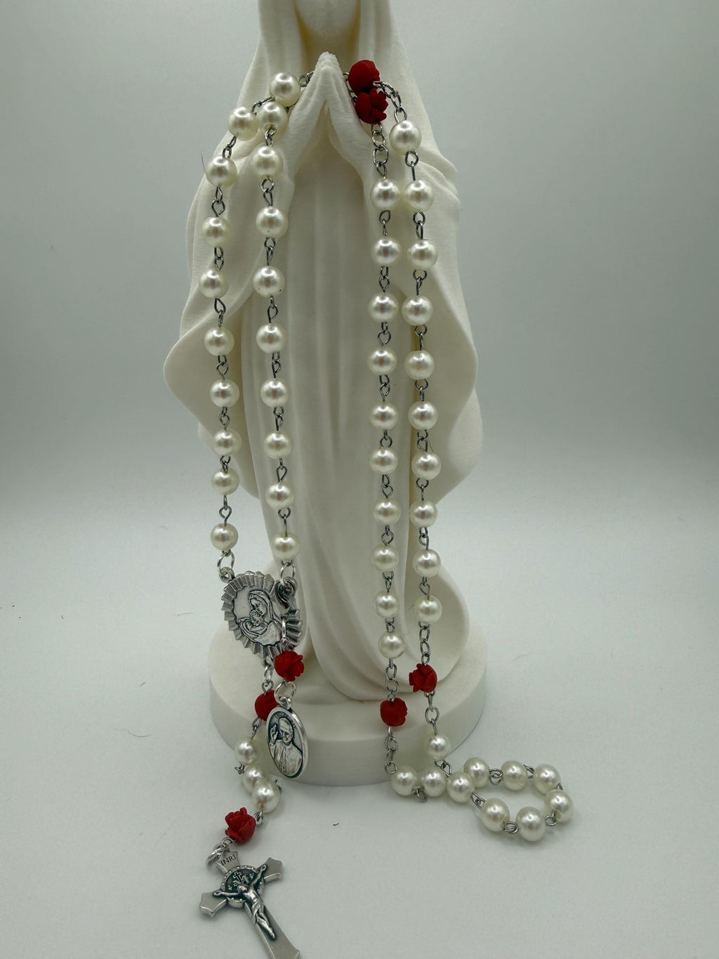 Pearl Like and Red Rose Handmade Rosary Catholic with Madonna Center & Crucifix Gift