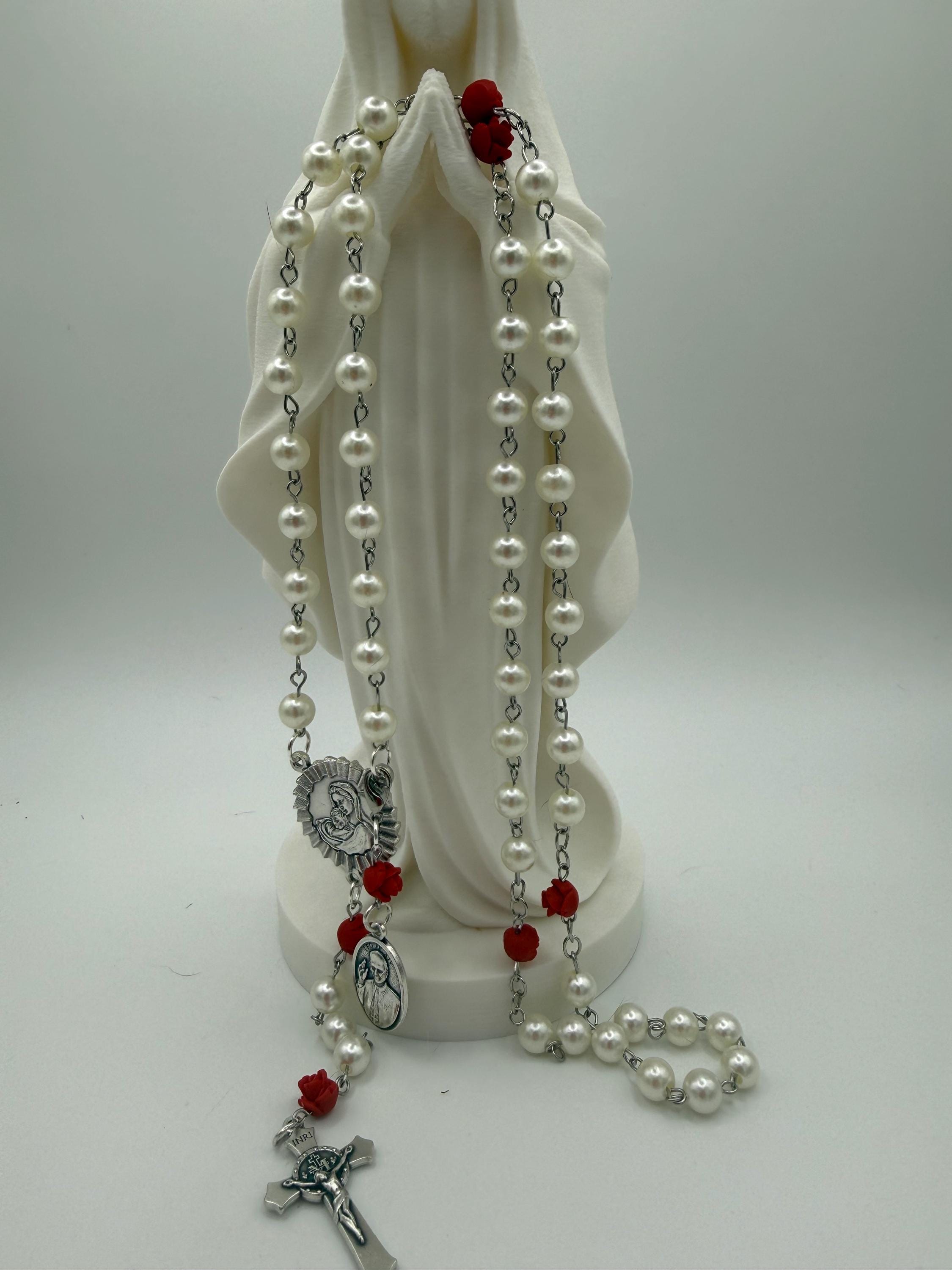 Pearl Like and Red Rose Handmade Rosary Catholic with Madonna Center & Crucifix Gift