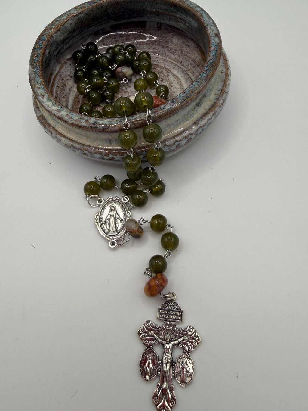 Handmade Green Rosary-Olive Beads with Agate Accents, Silver Miraculous Medal Center and Pardon Crucifix