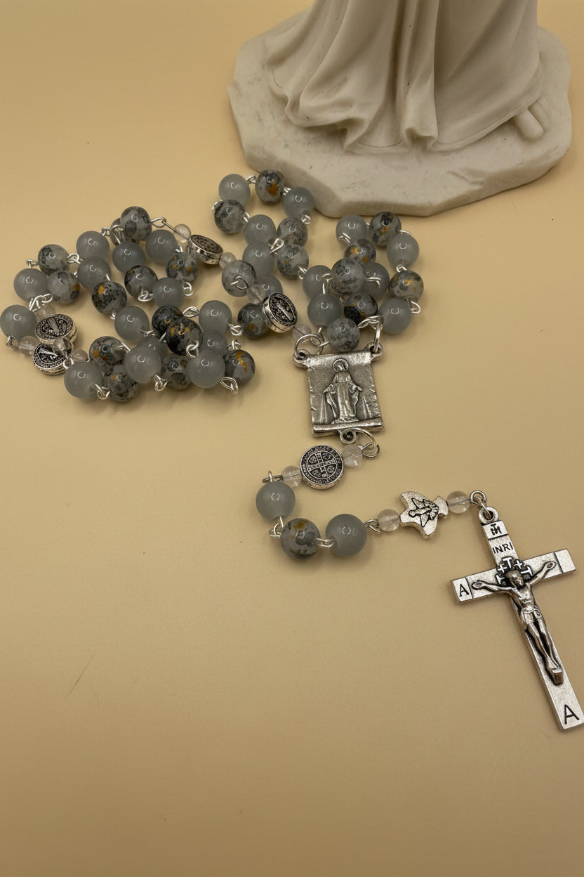 Gray Glass Rosary, Miraculous Medal, St. Benedict Accents, Silver Crucifix