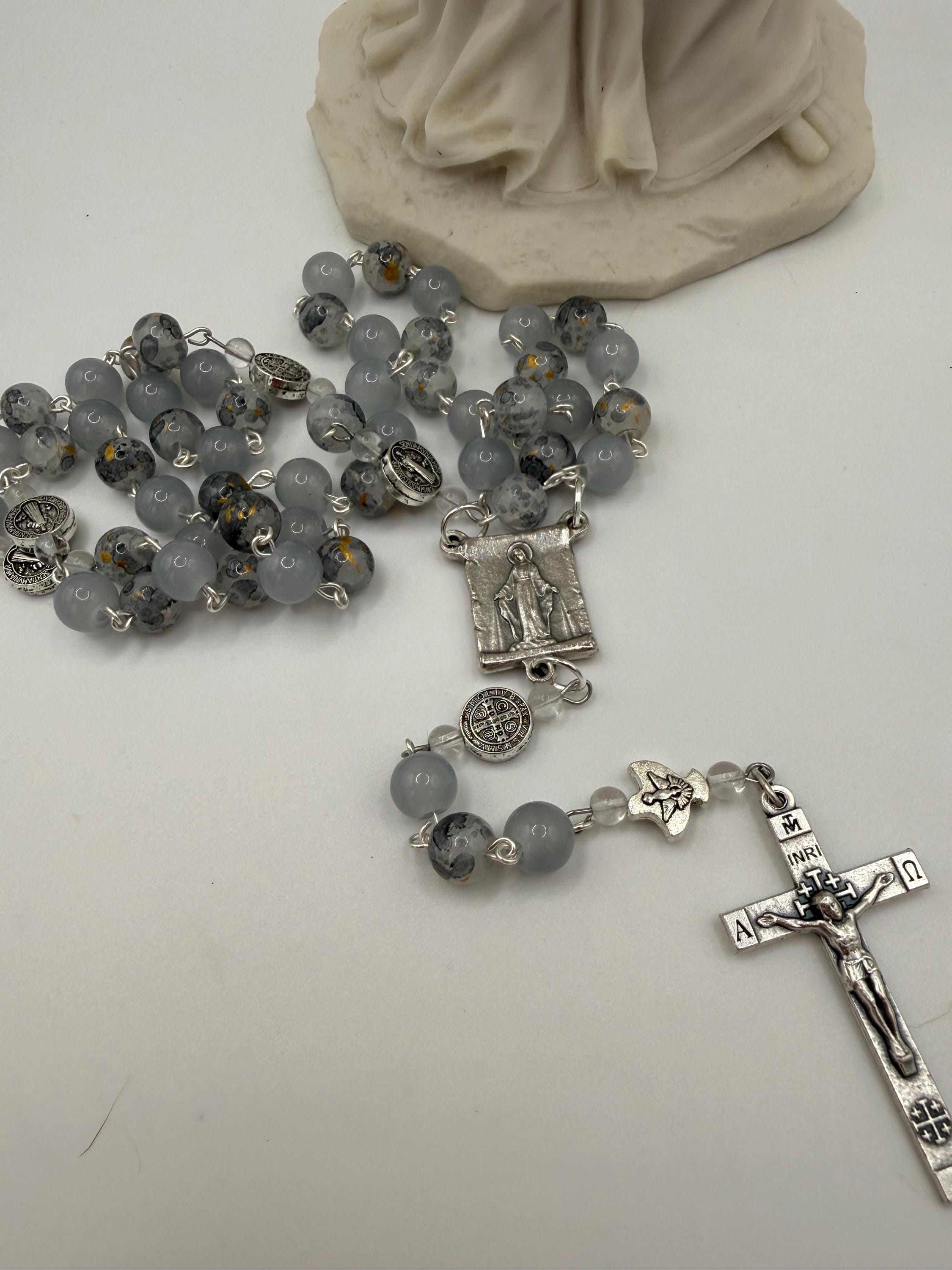 Gray Glass Rosary, Miraculous Medal, St. Benedict Accents, Silver Crucifix