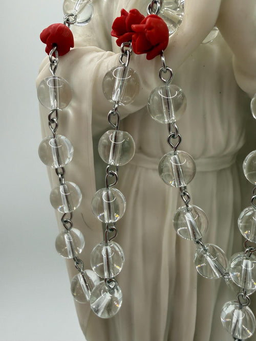 Clear Glass Rosary, Red Rose Beads, Miraculous Medal