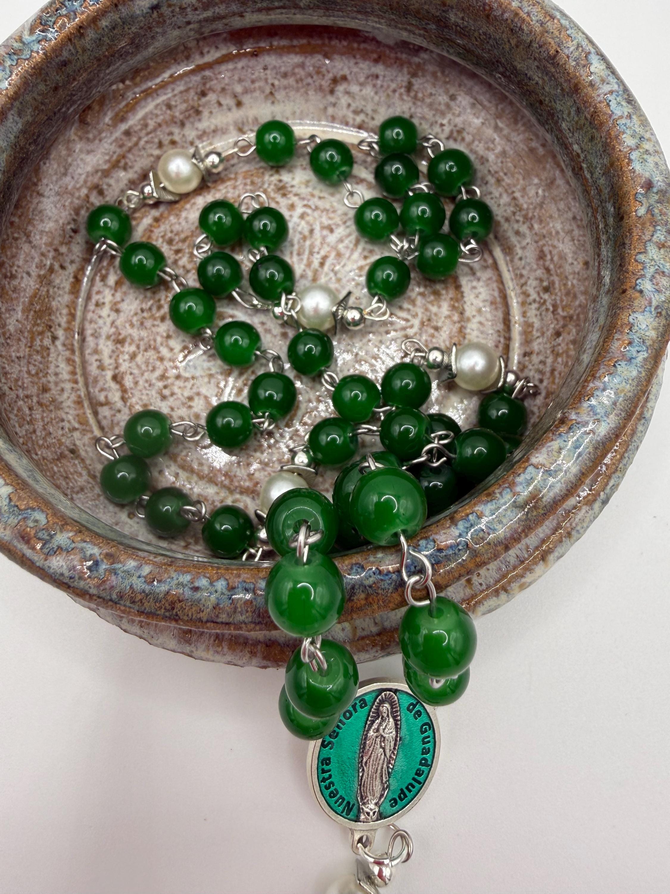 Emerald Green Glass Bead Rosary with Pearl Like Accents | Miraculous Medal Center | St. Benedict Crucifix