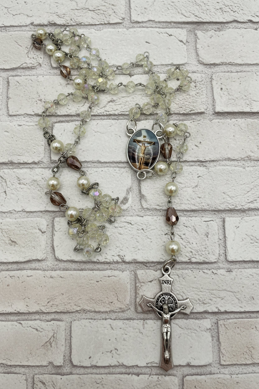 Handcrafted Catholic Rosary - Clear Crystal & Faux Pearl Beads with St. Benedict Crucifix and Sacred Heart Centerpiece - Traditional Prayer