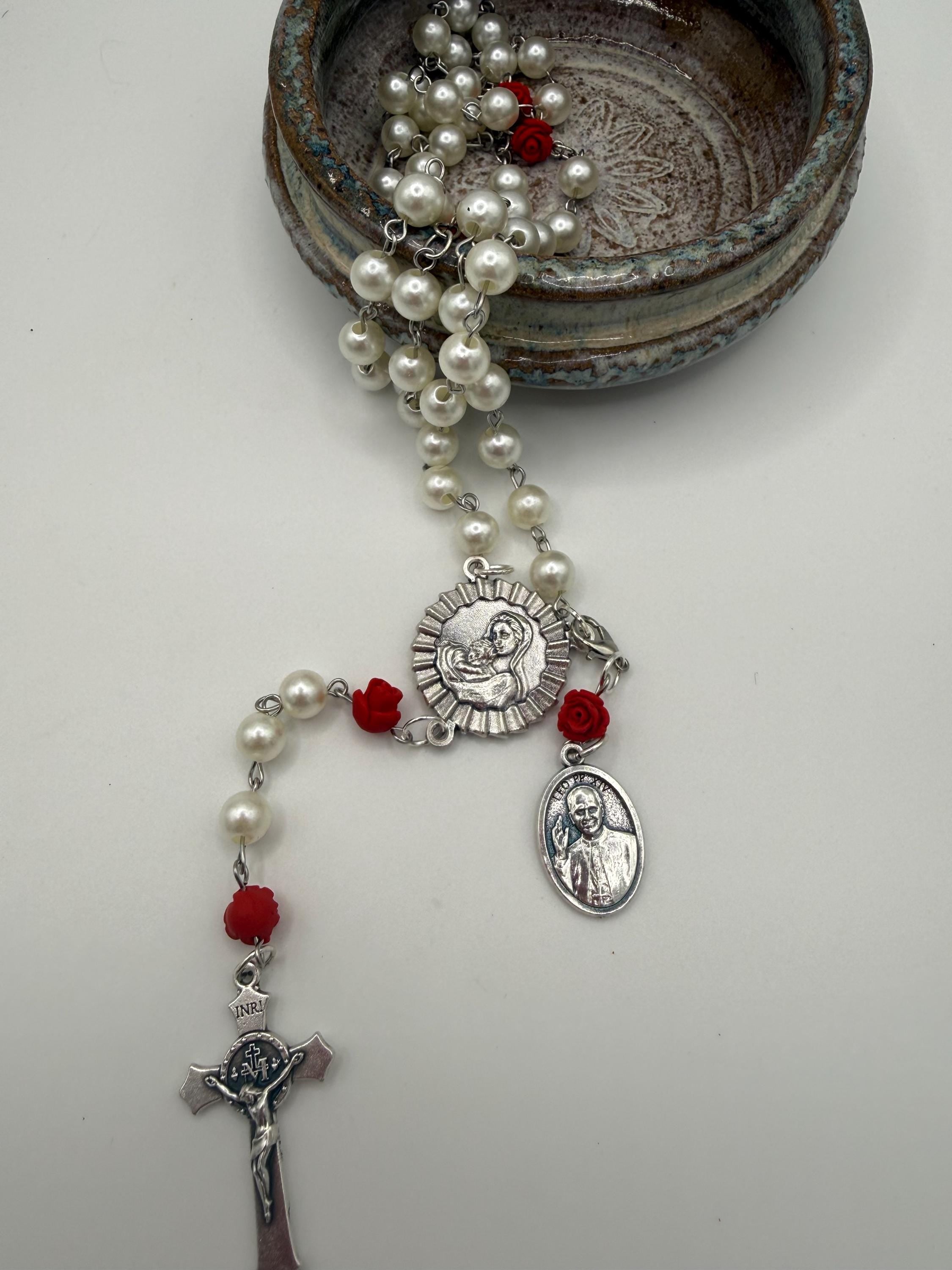 Pearl Like and Red Rose Handmade Rosary Catholic with Madonna Center & Crucifix Gift