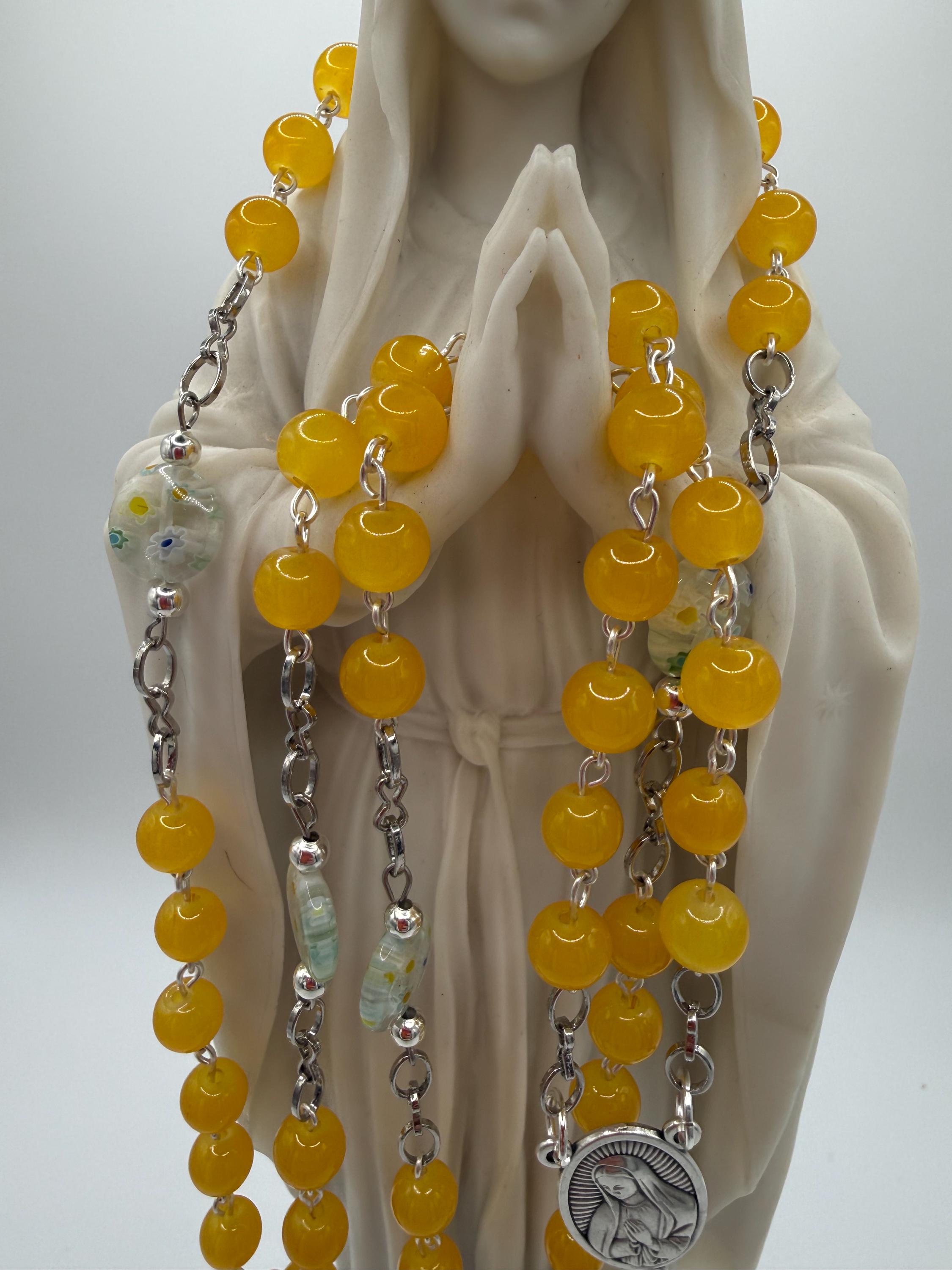 Yellow and White Floral Rosary with Mother Mary Centerpiece