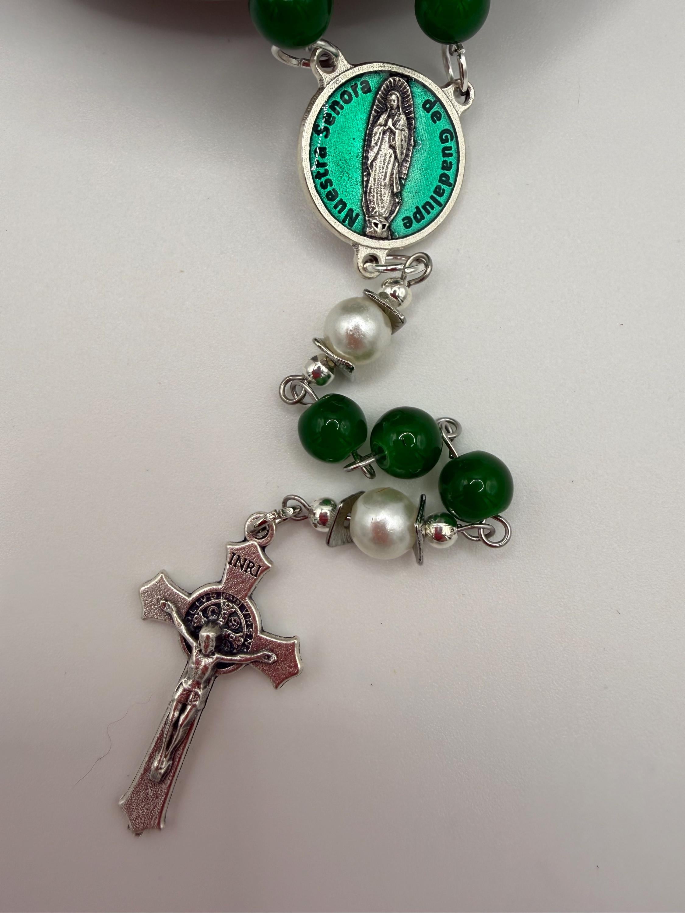 Emerald Green Glass Bead Rosary with Pearl Like Accents | Miraculous Medal Center | St. Benedict Crucifix