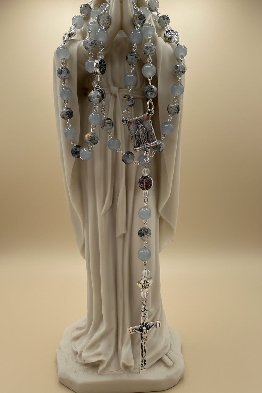 Gray Glass Rosary, Miraculous Medal, St. Benedict Accents, Silver Crucifix