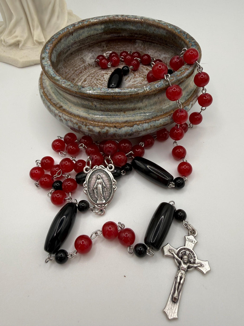Catholic Red Glass Beads and Vintage Black Agate Beads