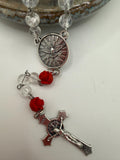 Clear Crackle Glass Rosary, Red Rose Beads, Holy Spirit Center, St. Benedict Crucifix