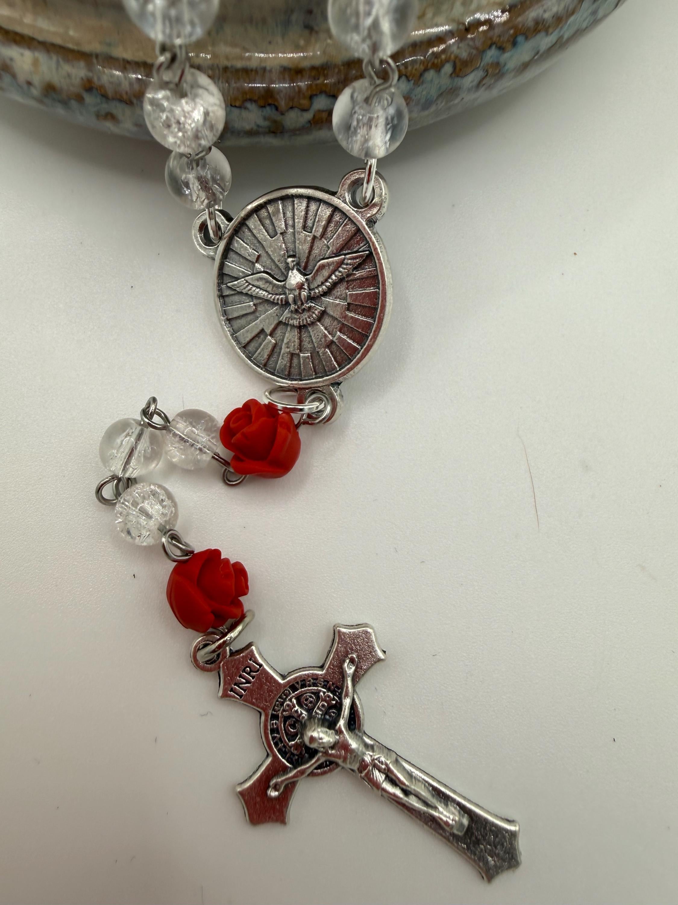 Clear Crackle Glass Rosary, Red Rose Beads, Holy Spirit Center, St. Benedict Crucifix