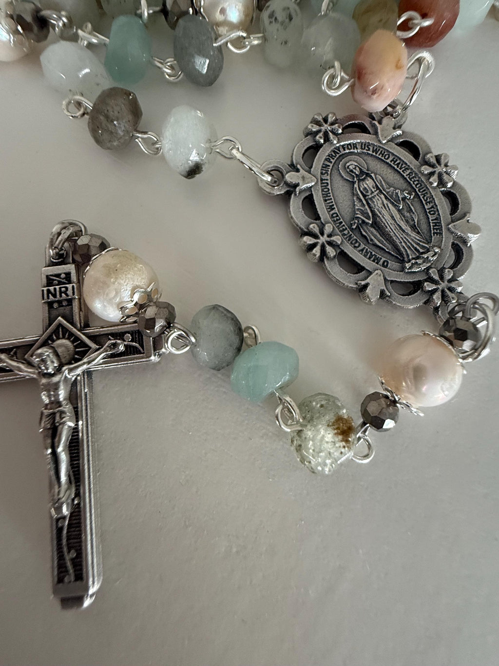 Handmade Amazonite Rosary with Freshwater Pearl Accents - Catholic Rosary Beads - Miraculous Medal
