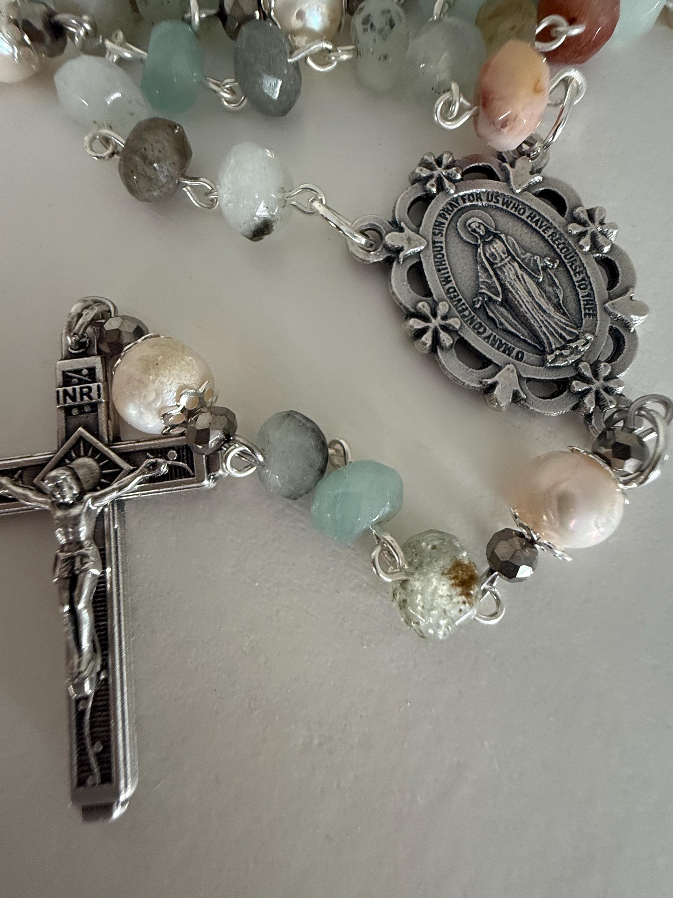 Handmade Amazonite Rosary with Freshwater Pearl Accents - Catholic Rosary Beads - Miraculous Medal