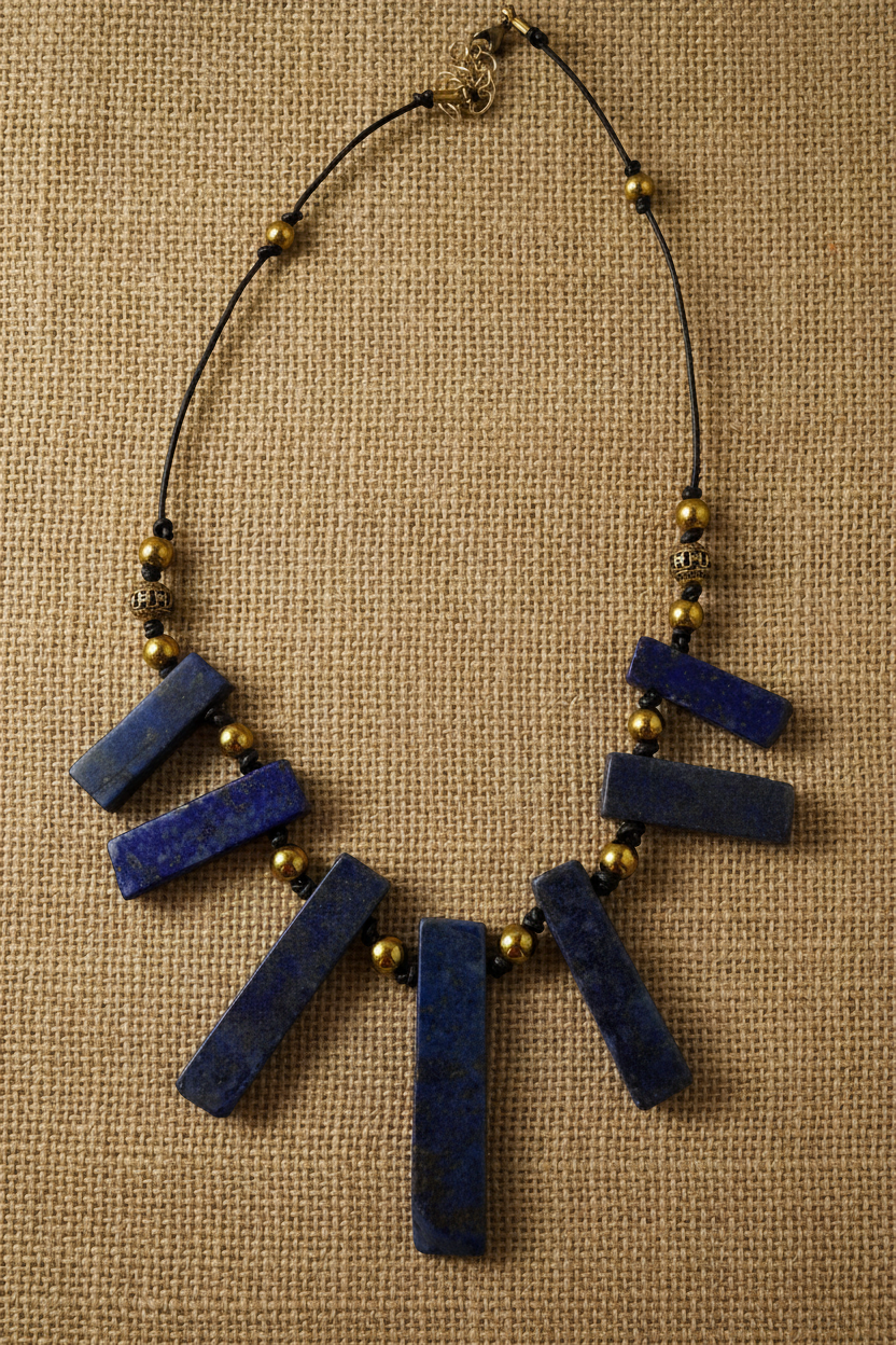 Lapis Lazuli Statement Necklace With Pyrite Gold Beads, Boho Artisan