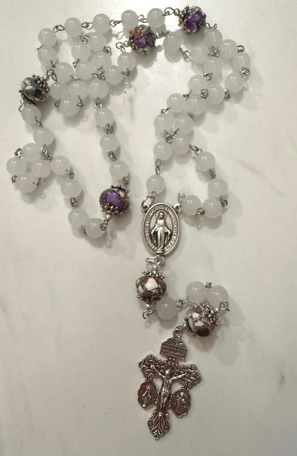 White Stone Rosary with Silver-Capped Accent Marble “Our Father” Beads.