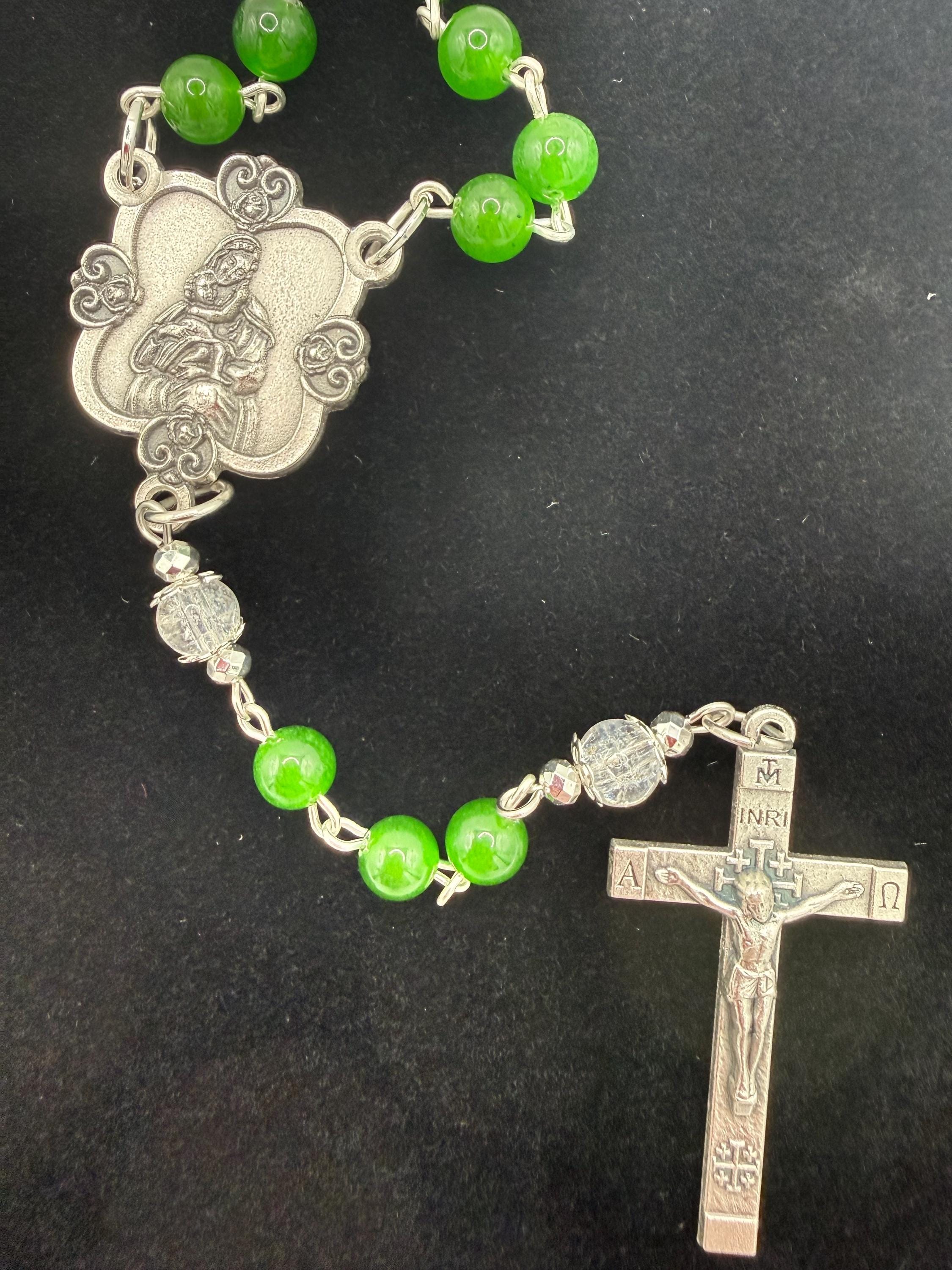 Handmade Green Rosary - Catholic Prayer Beads with Silver Madonna Centerpiece