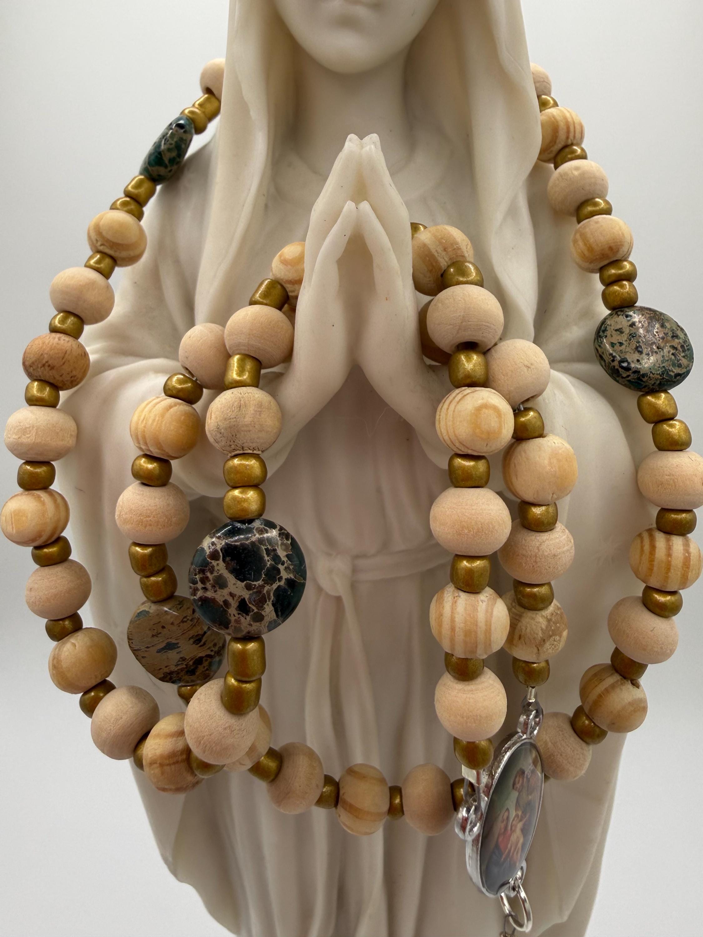 Handmade Green Bead Rosary with Wood & Silver Crucifix – Catholic Prayer Rosary