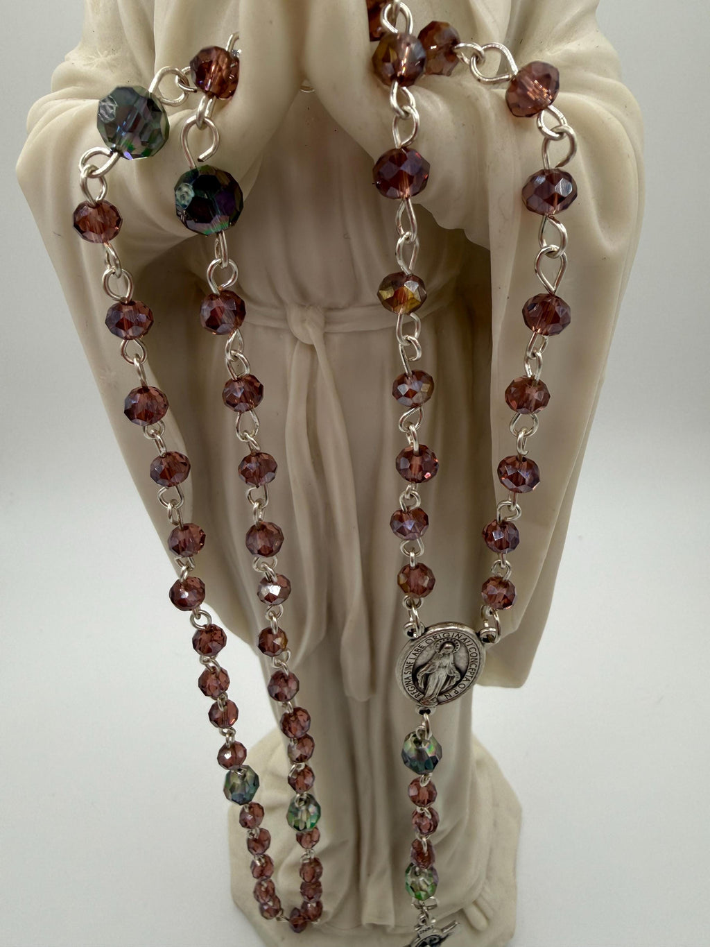 Purple Crystal Rosary, Iridescent Our Father Beads, Miraculous Medal