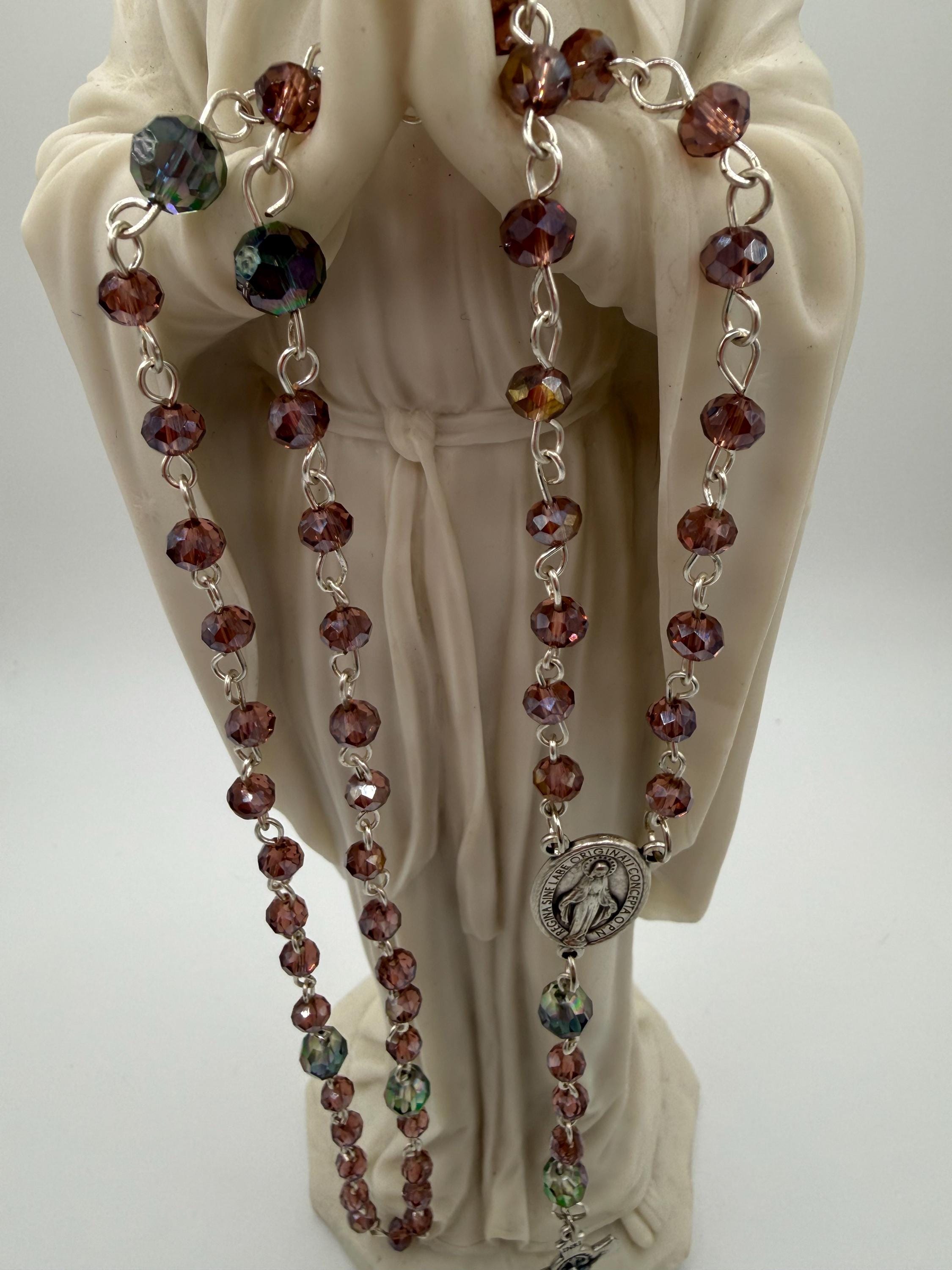 Purple Crystal Rosary, Iridescent Our Father Beads, Miraculous Medal