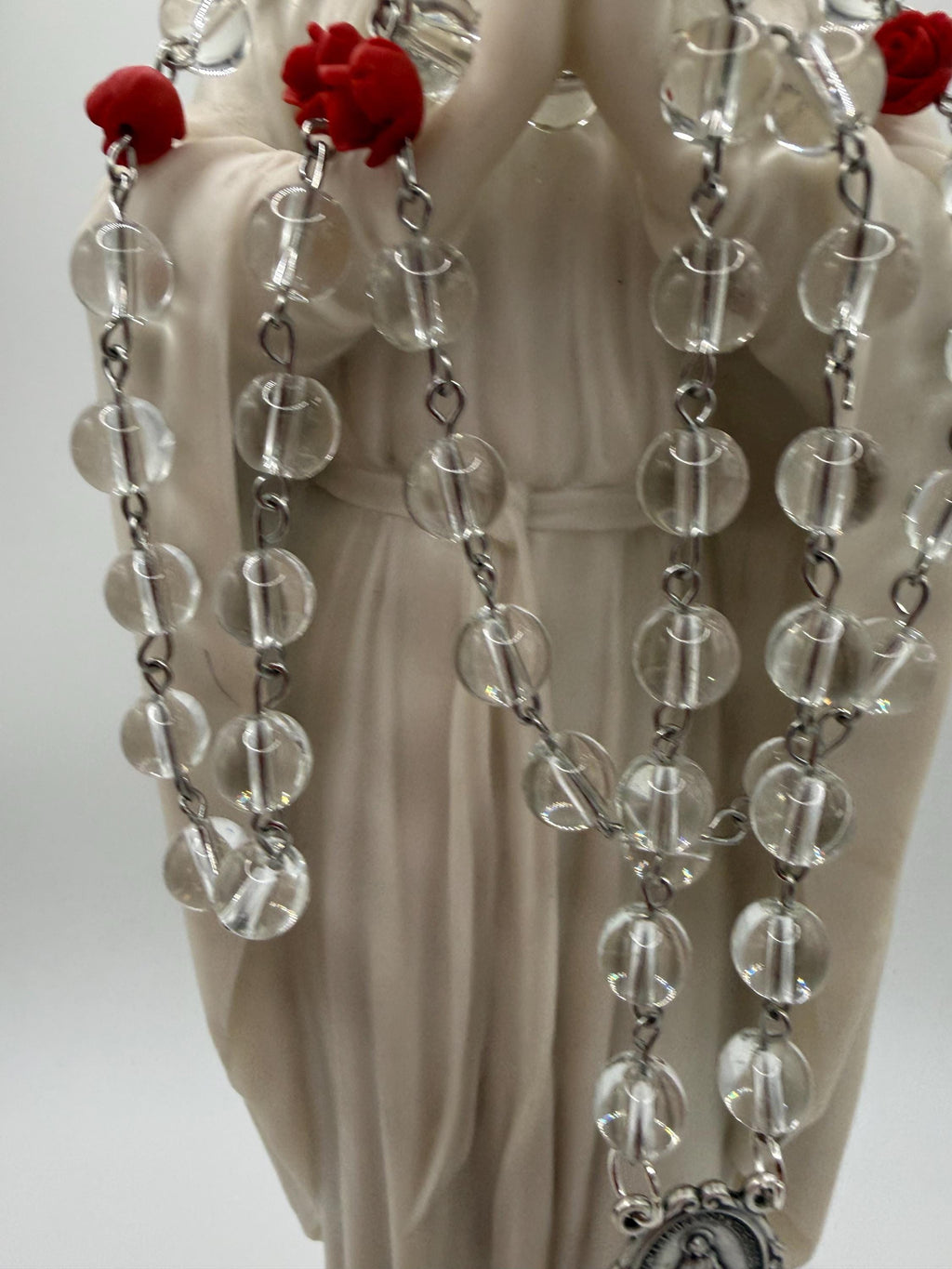 Clear Glass Rosary, Red Rose Beads, Miraculous Medal