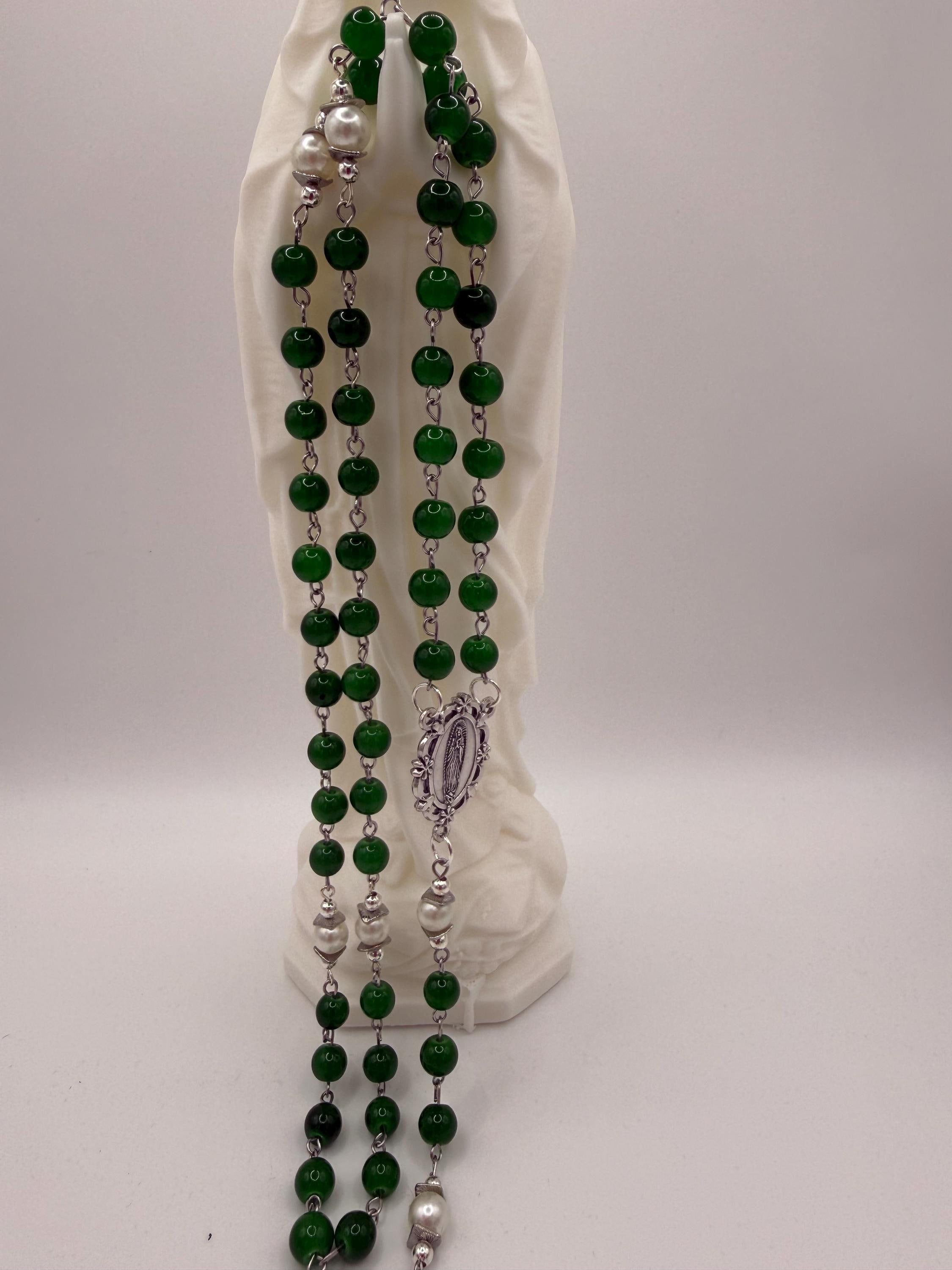 Handmade Green Rosary - Catholic Prayer Beads with Silver Madonna Centerpiece