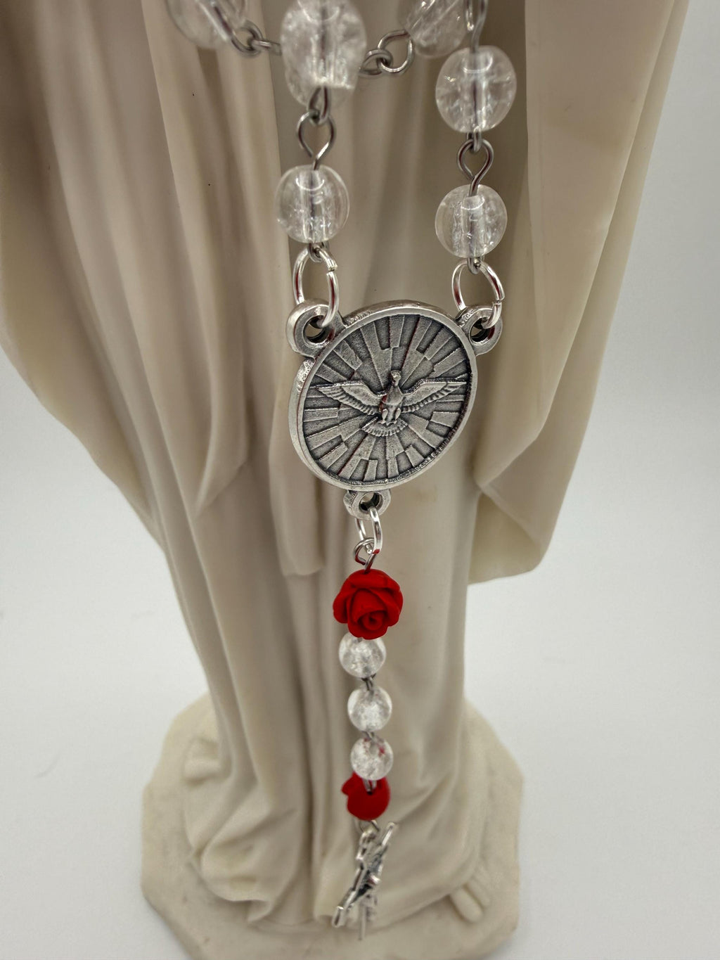 Clear Crackle Glass Rosary, Red Rose Beads, Holy Spirit Center, St. Benedict Crucifix