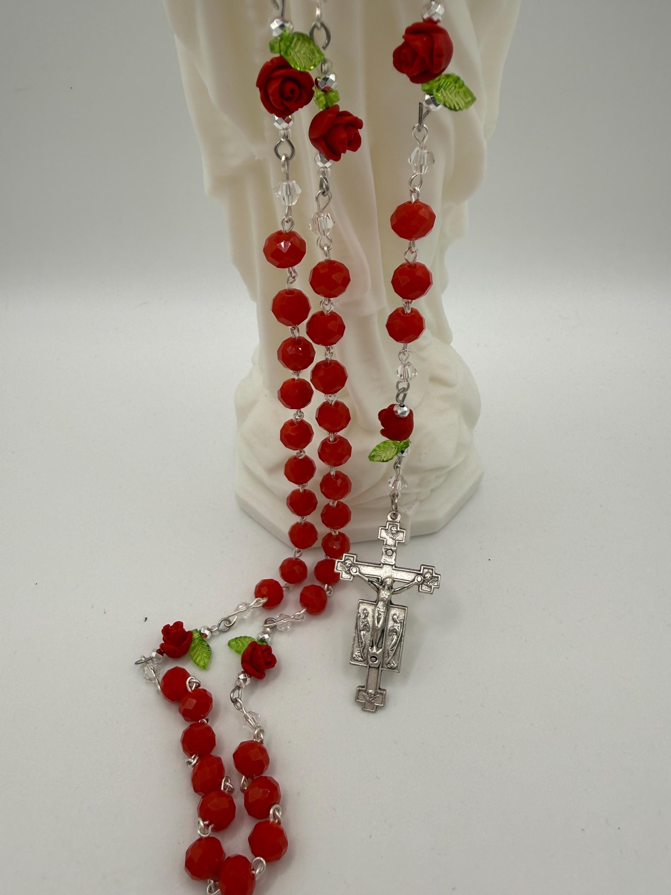 Red Crystal Rosary with Rose Beads - Handmade Devotional Gift