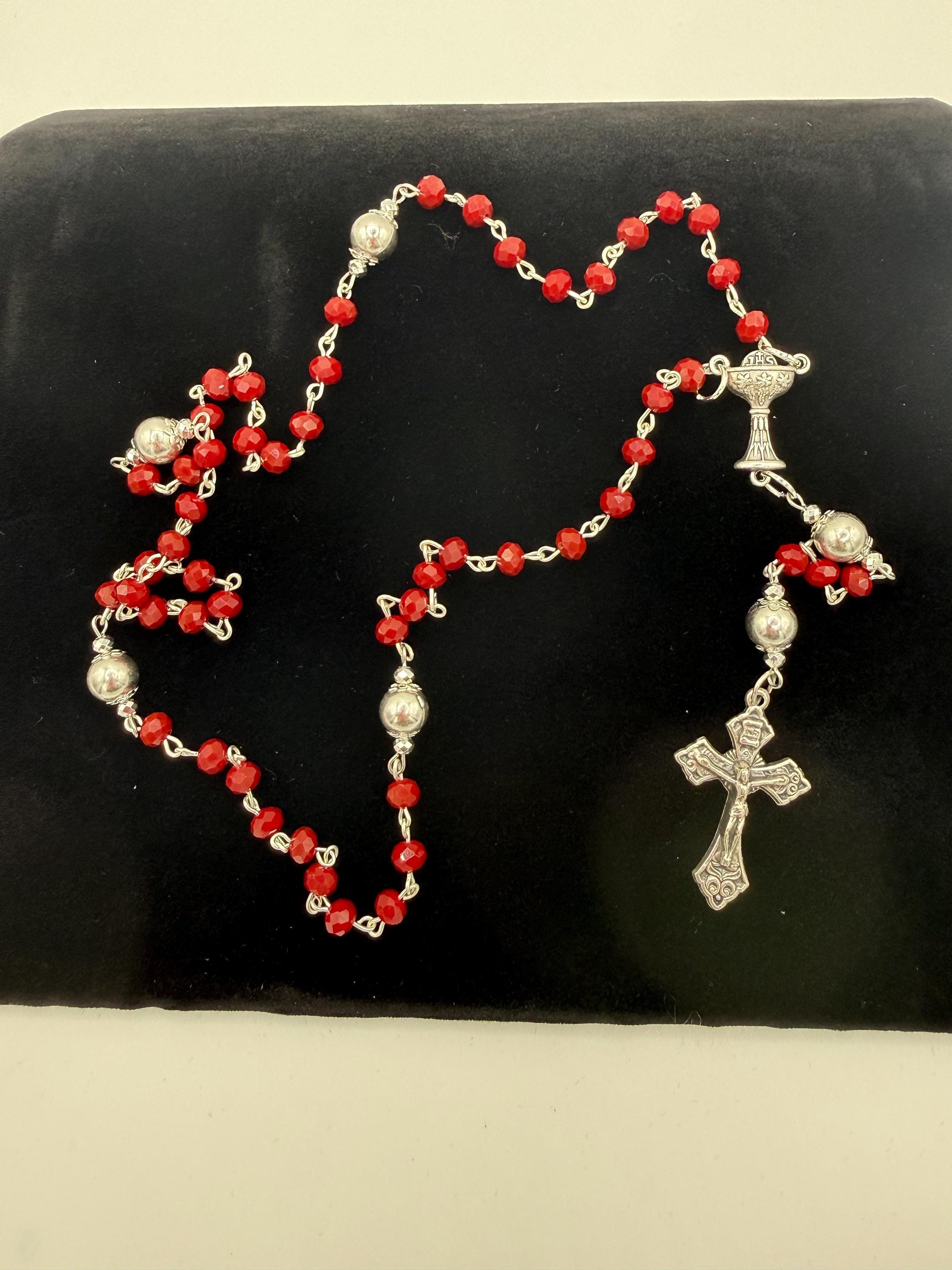 Title: First Communion Red Crystal Rosary - Chalice Centerpiece and Pardon Crucifix