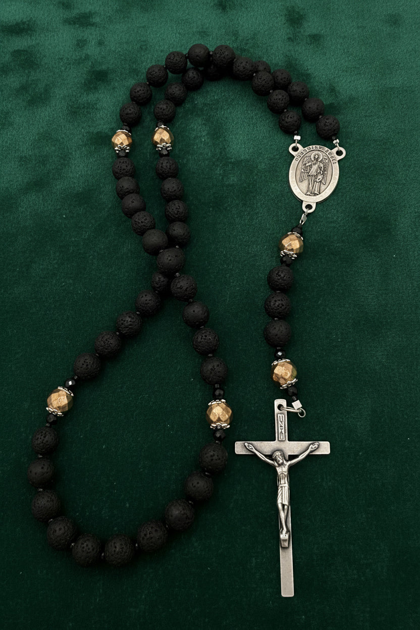 Men's Lava Rock Rosary - Silver Guardian Angel & INRI Crucifix - Essential Oil Diffuser Rosary