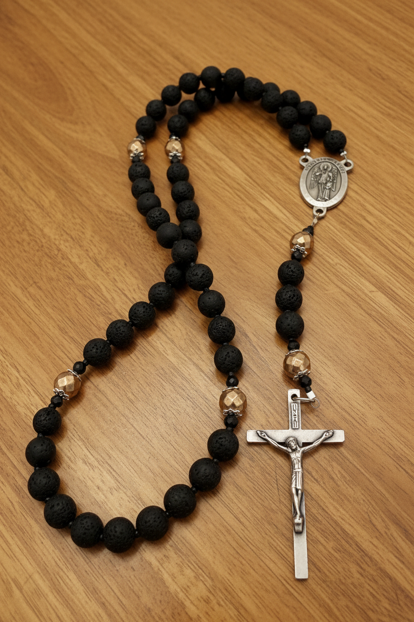 Men's Lava Rock Rosary - Silver Guardian Angel & INRI Crucifix - Essential Oil Diffuser Rosary