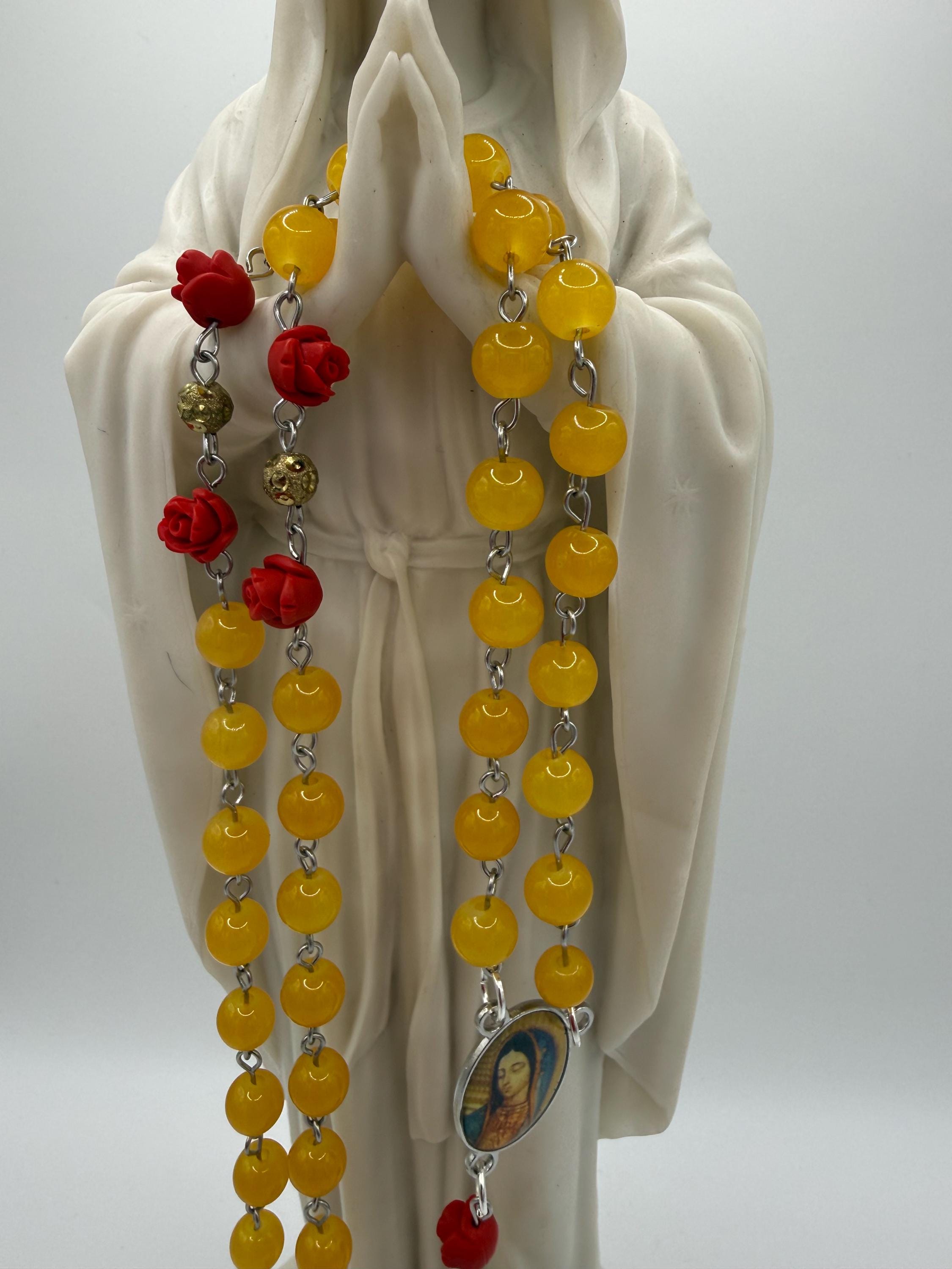 Yellow Glass Bead Rosary With Red Rose Accents, Our Lady of Guadalupe Center