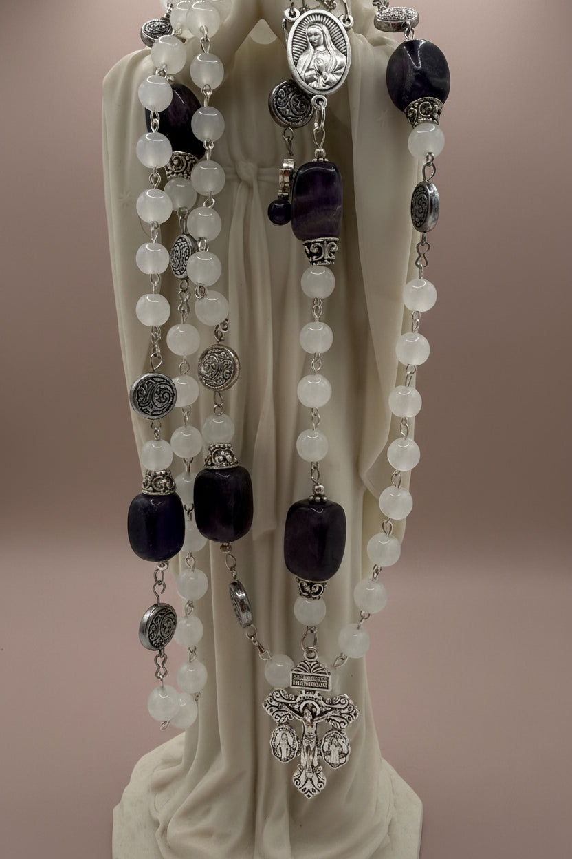 White Catholic Rosary with Glass and Amethyst Beads