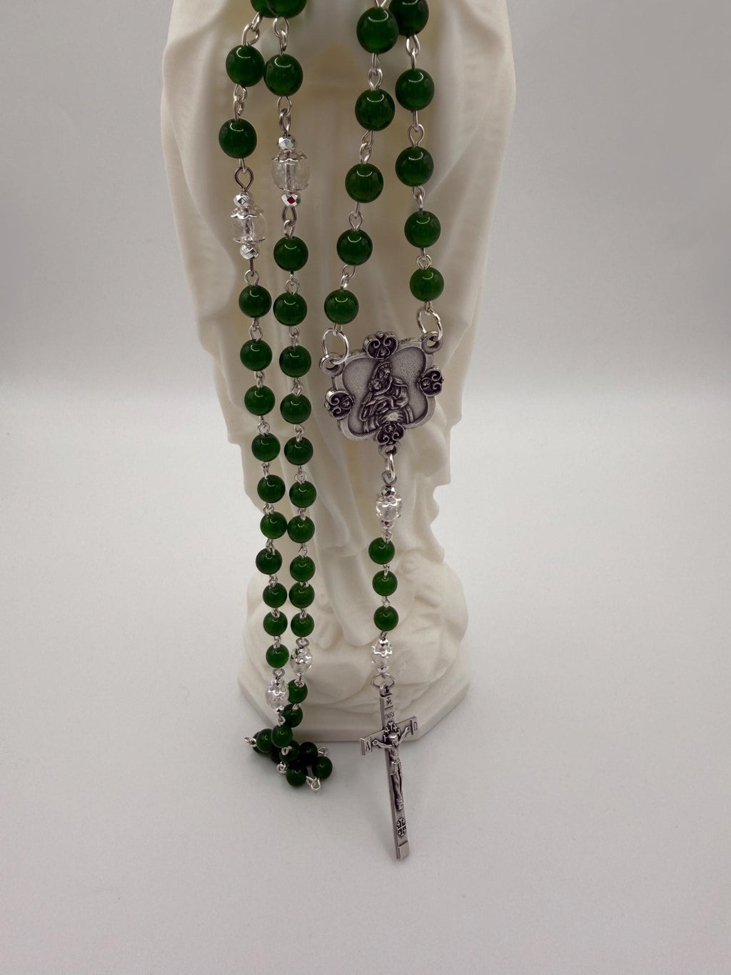 Handmade Green Rosary - Catholic Prayer Beads with Silver Madonna Centerpiece