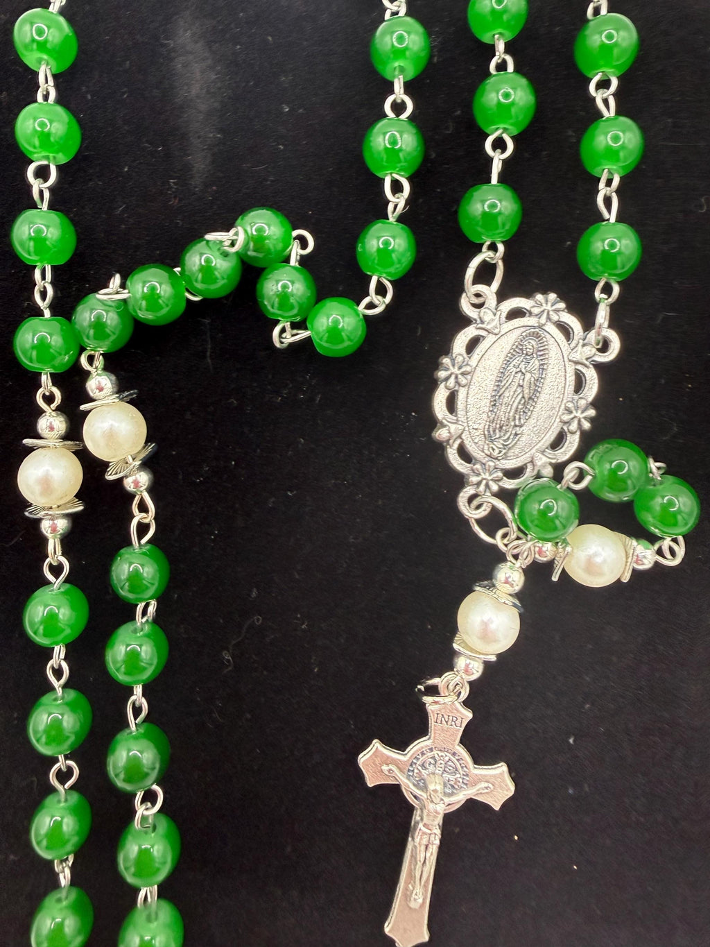 Handmade Green Rosary - Catholic Prayer Beads with Silver Madonna Centerpiece