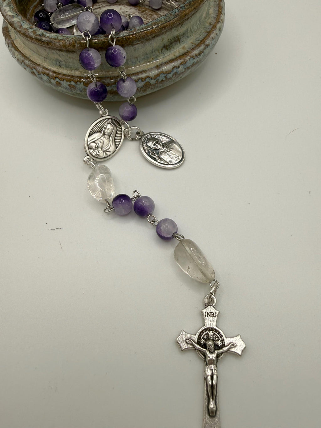 Purple Cracked Glass Rosary with Clear Quartz, Blessed Mother & St. Pope Leo Medal