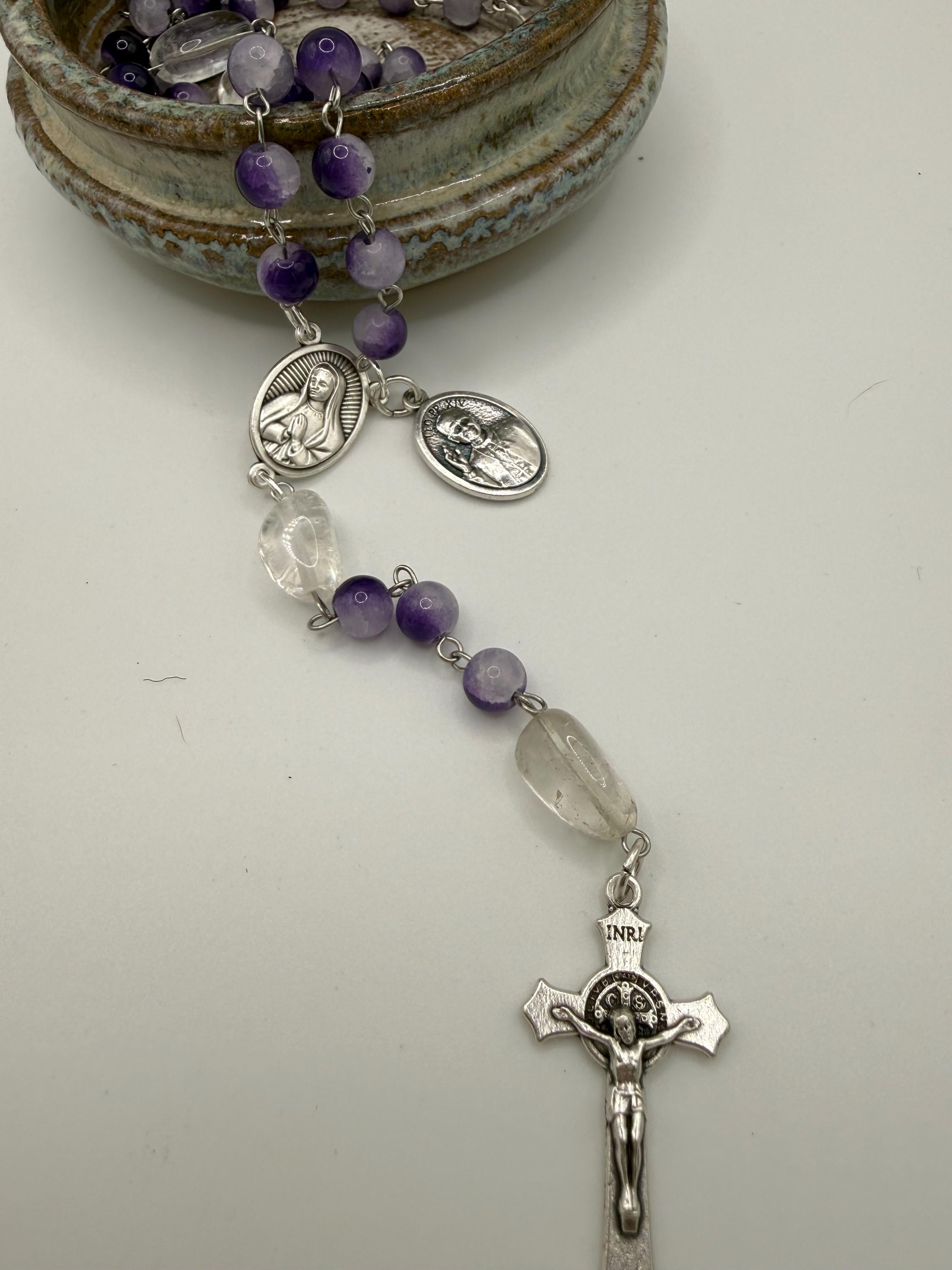 Purple Cracked Glass Rosary with Clear Quartz, Blessed Mother & St. Pope Leo Medal