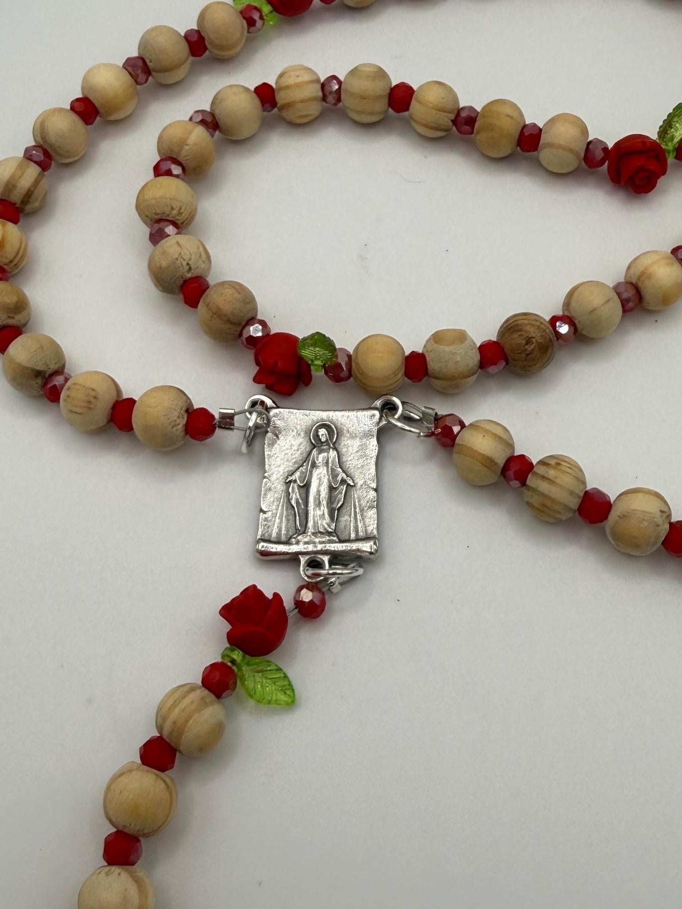 Wooden Rosary, Silver-toned Spacers, Red Rose  “Our Father Beads”