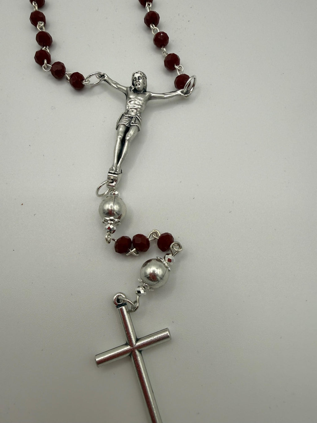 Handmade Catholic Rosary Crucifix | Silver Tone Cross with Red Accent Bead Rosary Crucifix